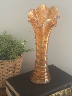 Imperial Carnival Glass Vase  Ripple Textured Swung Marigold Amber 9.5” Tall